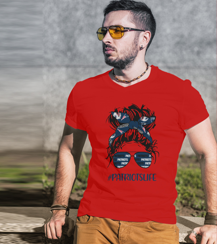 PATRIOTSLIFE New England Patriots Messy Bun Girl Headband Glasses T-Shirt