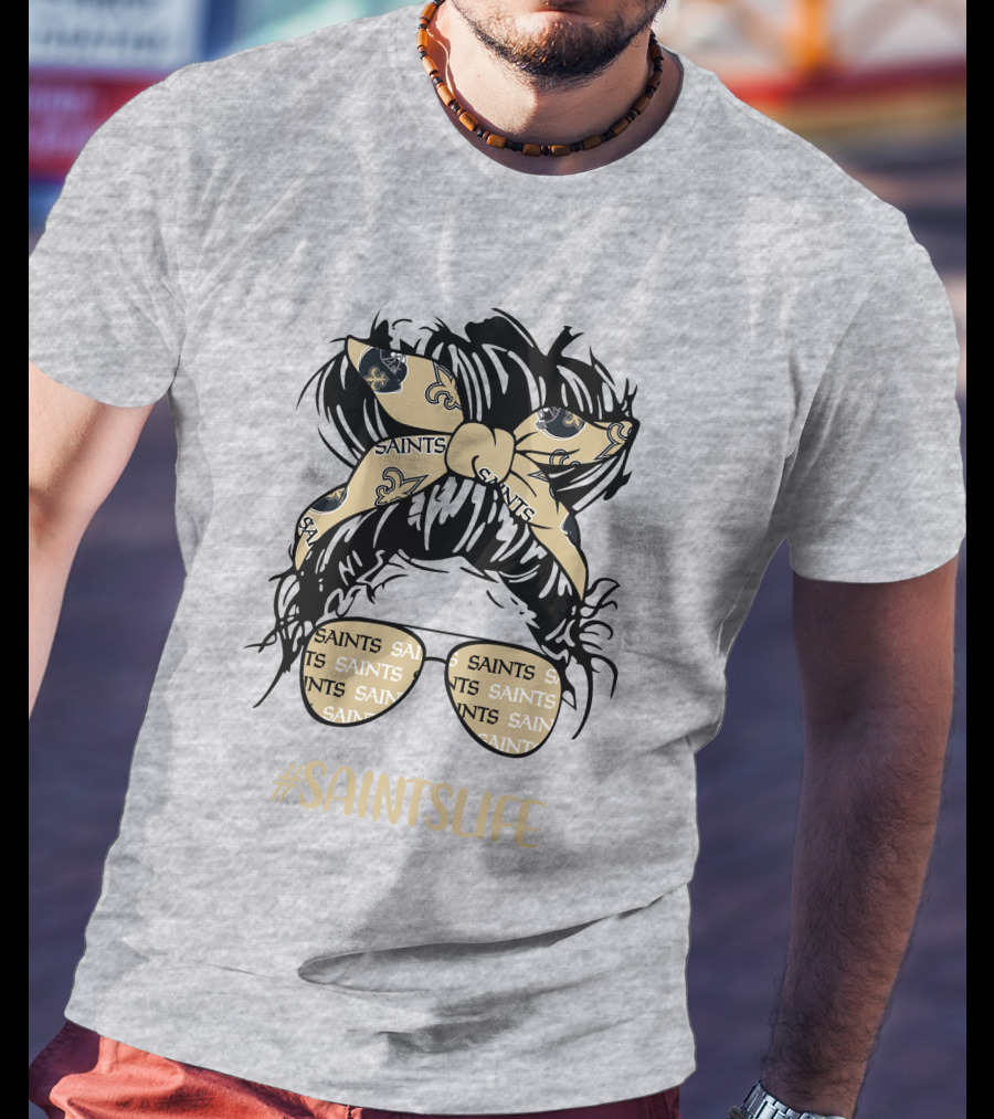 Messy Bun Girl With Saints Headband And Glasses #Saintslife T-Shirt