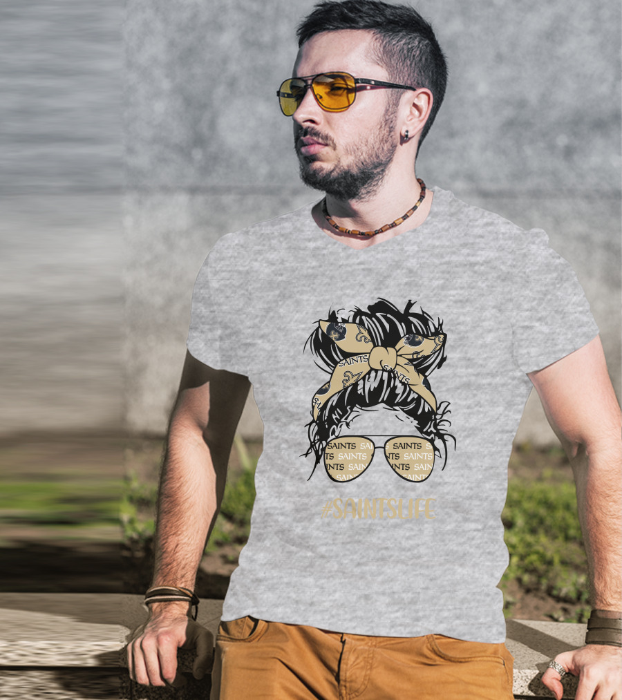 Messy Bun Girl With Saints Headband And Glasses #Saintslife T-Shirt