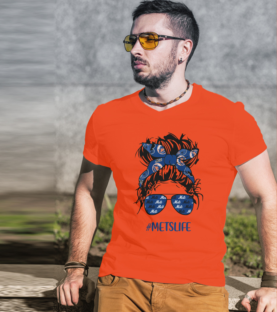 New York Mets Life Messy Bun Girl Headband Glasses #MetsLife T-Shirt