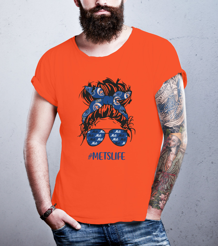 New York Mets Life Messy Bun Girl Headband Glasses #MetsLife T-Shirt