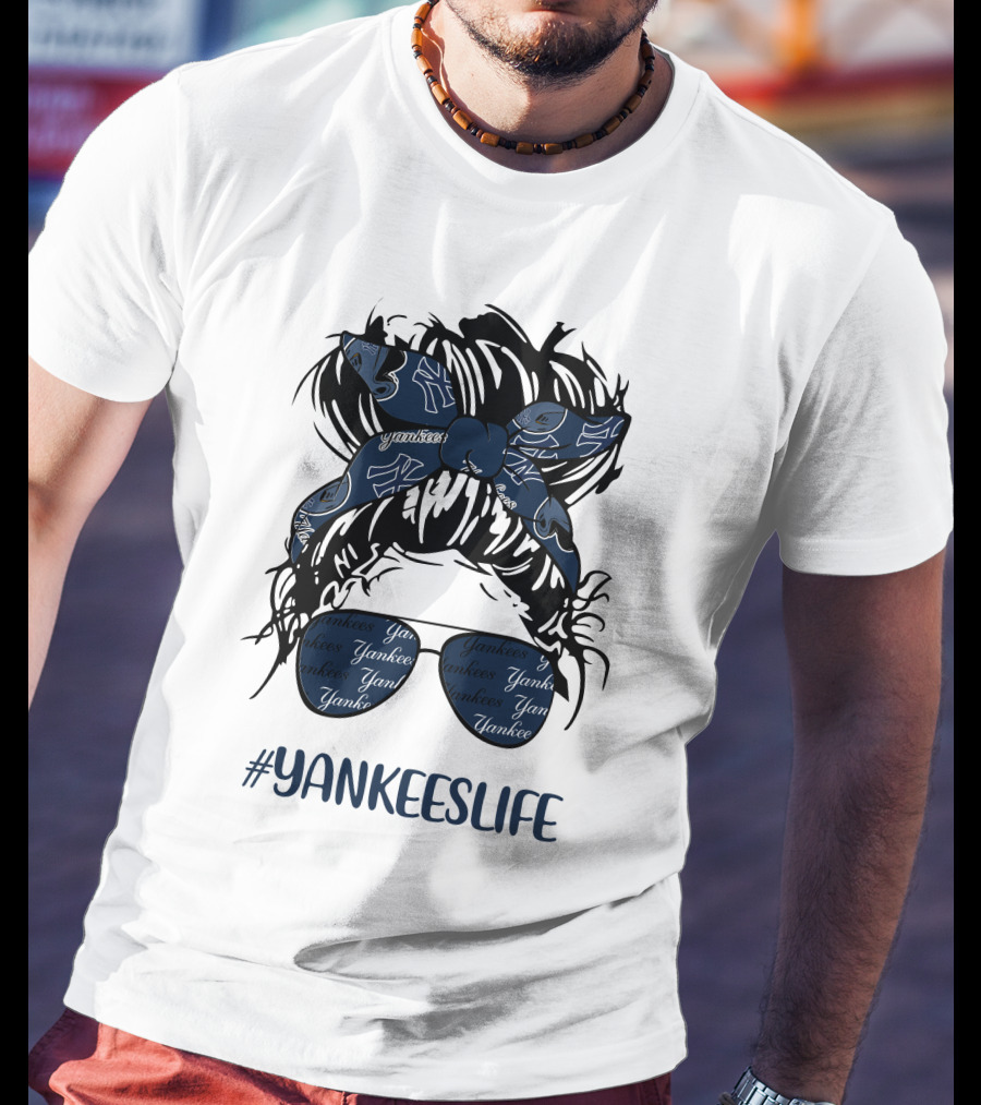 YANKEESLIFE Messy Bun Girl With Yankees Headband And Glasses T-Shirt