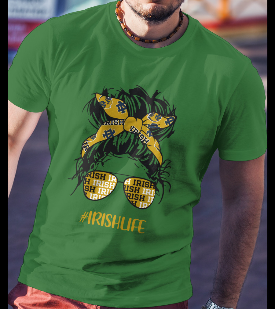 Notre Dame Fighting Irish Life Messy Bun Girl Headband Glasses #IrishLife T-Shirt