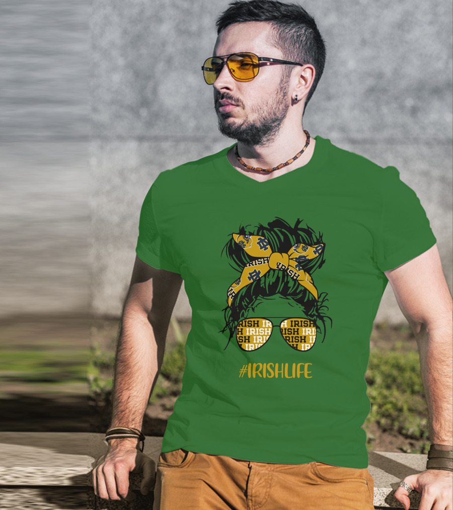 Notre Dame Fighting Irish Life Messy Bun Girl Headband Glasses #IrishLife T-Shirt