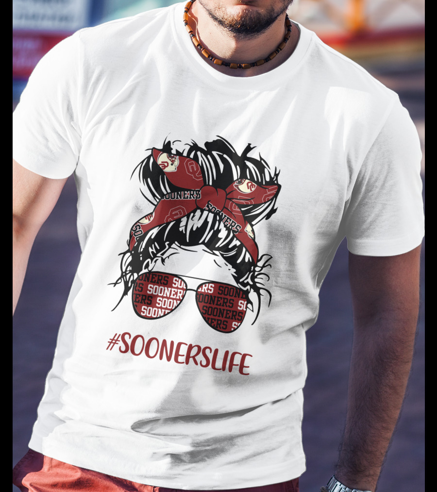 SoonersLife Messy Bun Girl Headband Glasses Oklahoma Sooners T-Shirt
