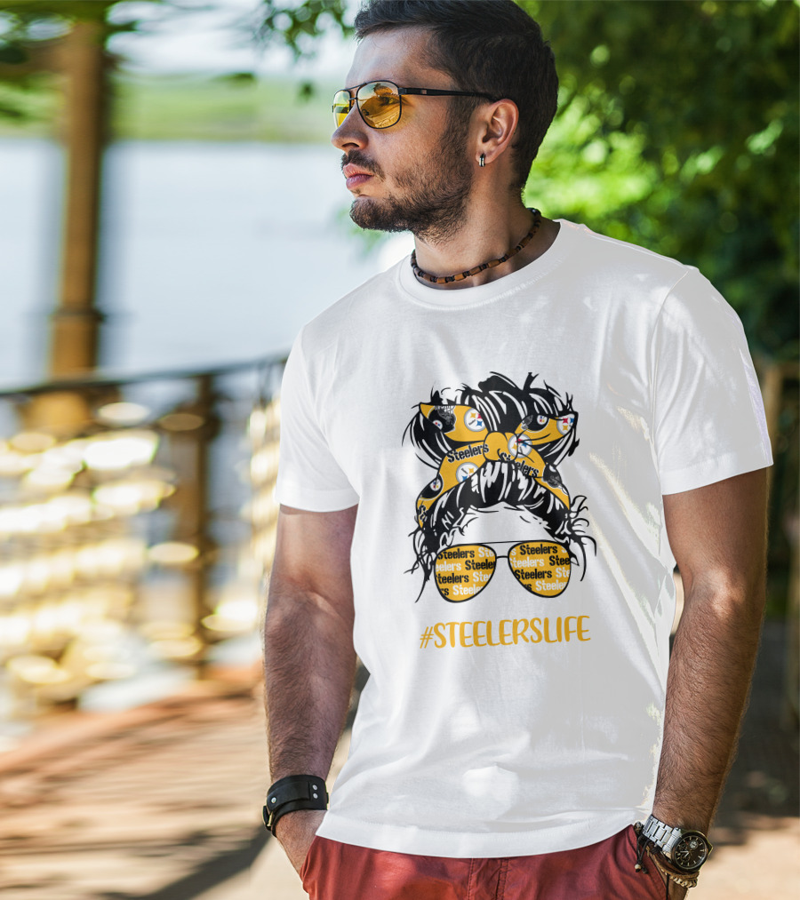 SteelersLife Messy Bun Girl With Steelers Headband And Glasses T-Shirt