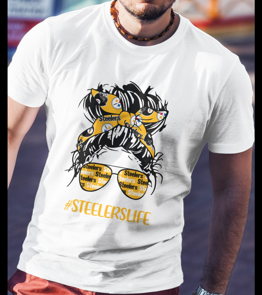 SteelersLife Messy Bun Girl With Steelers Headband And Glasses T-Shirt