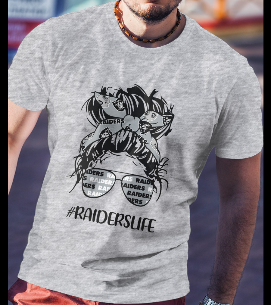 Raiderslife Messy Bun Girl With Raiders Headband Glasses Las Vegas Raiders T-Shirt