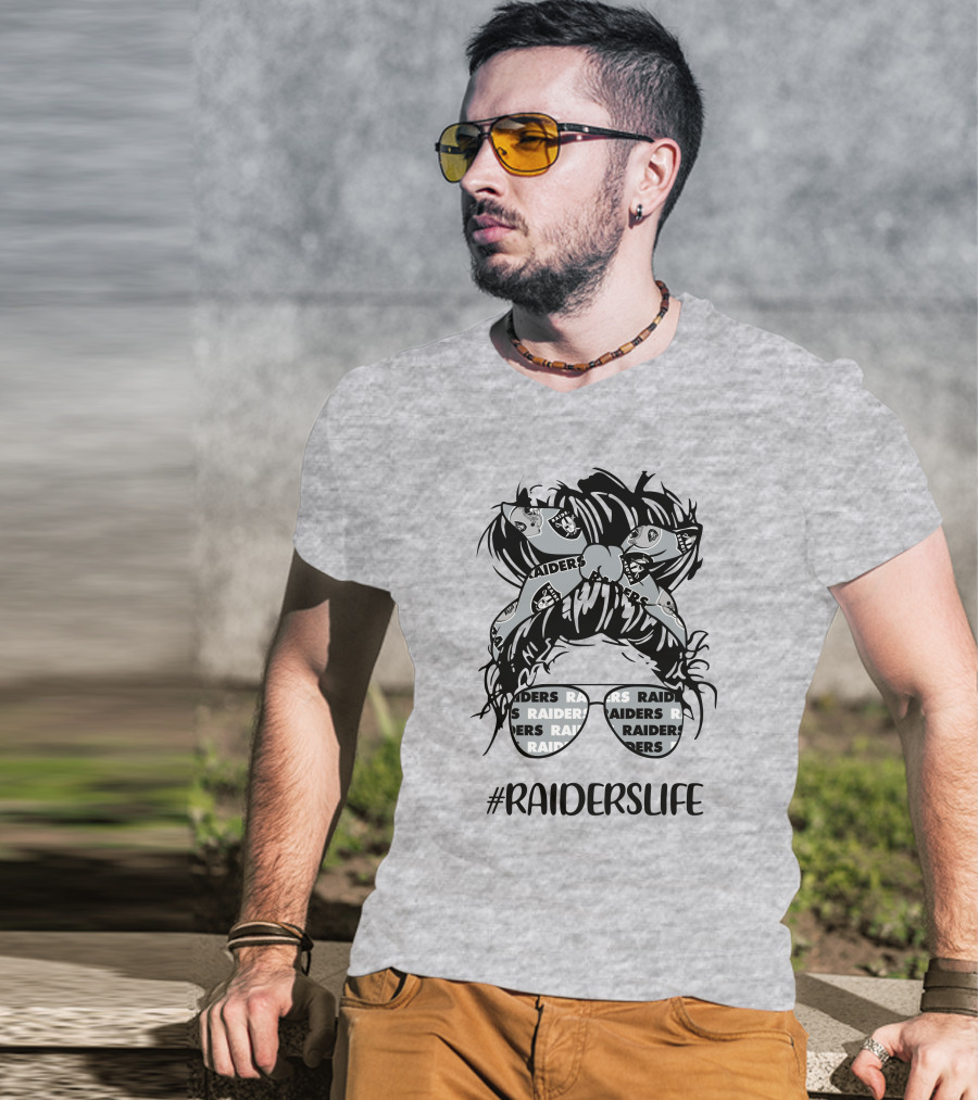 Raiderslife Messy Bun Girl With Raiders Headband Glasses Las Vegas Raiders T-Shirt