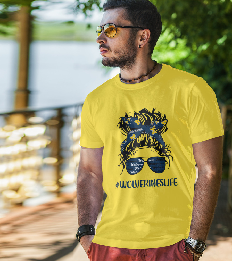 Michigan Wolverines Life Messy Bun Girl Headband Glasses Wolverines T-Shirt