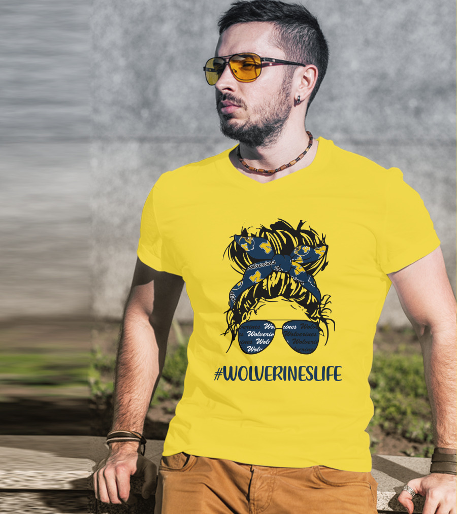 Michigan Wolverines Life Messy Bun Girl Headband Glasses Wolverines T-Shirt