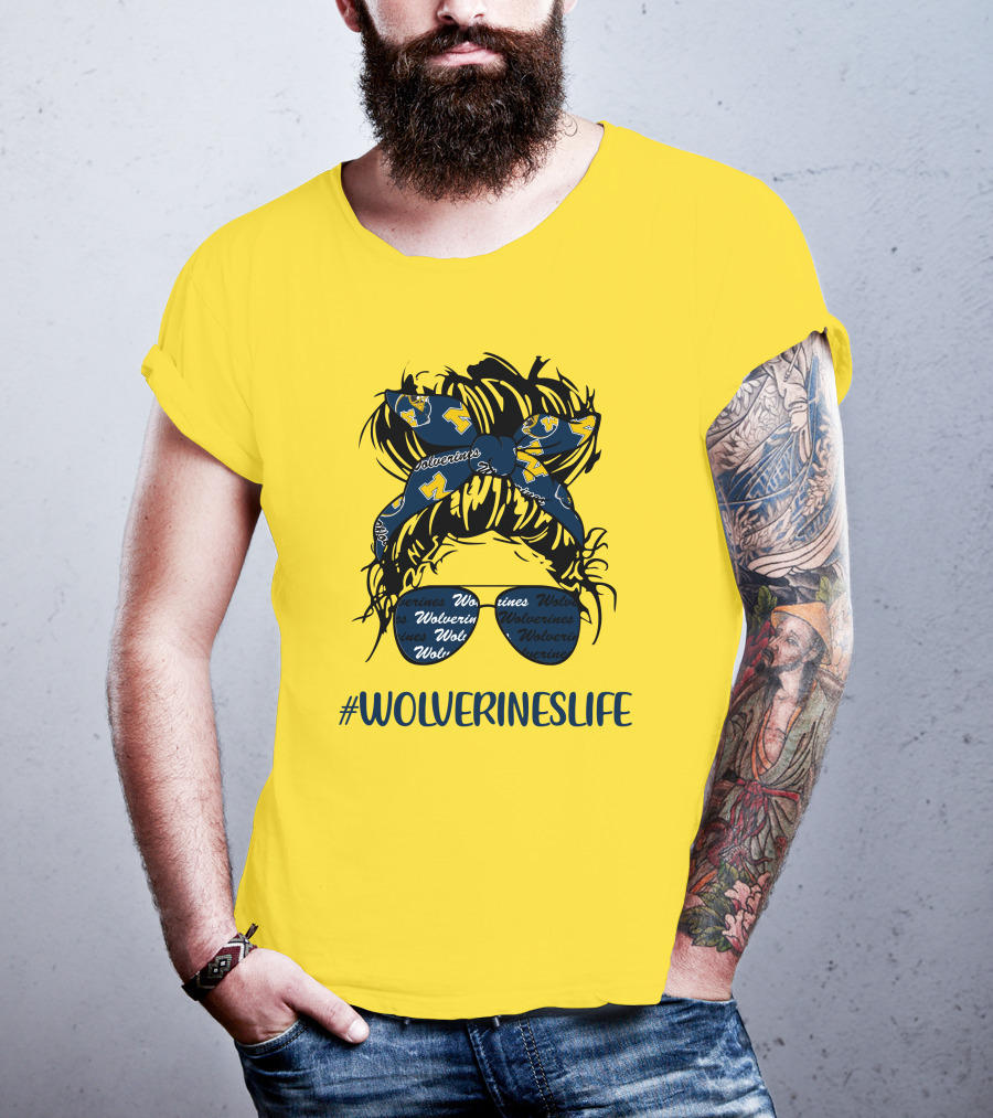 Michigan Wolverines Life Messy Bun Girl Headband Glasses Wolverines T-Shirt