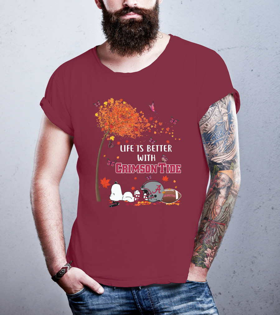 Life Is Better With Crimson Tide Alabama Football Autumn Leaves Butterflies Snoopy Woodstock T-Shirt