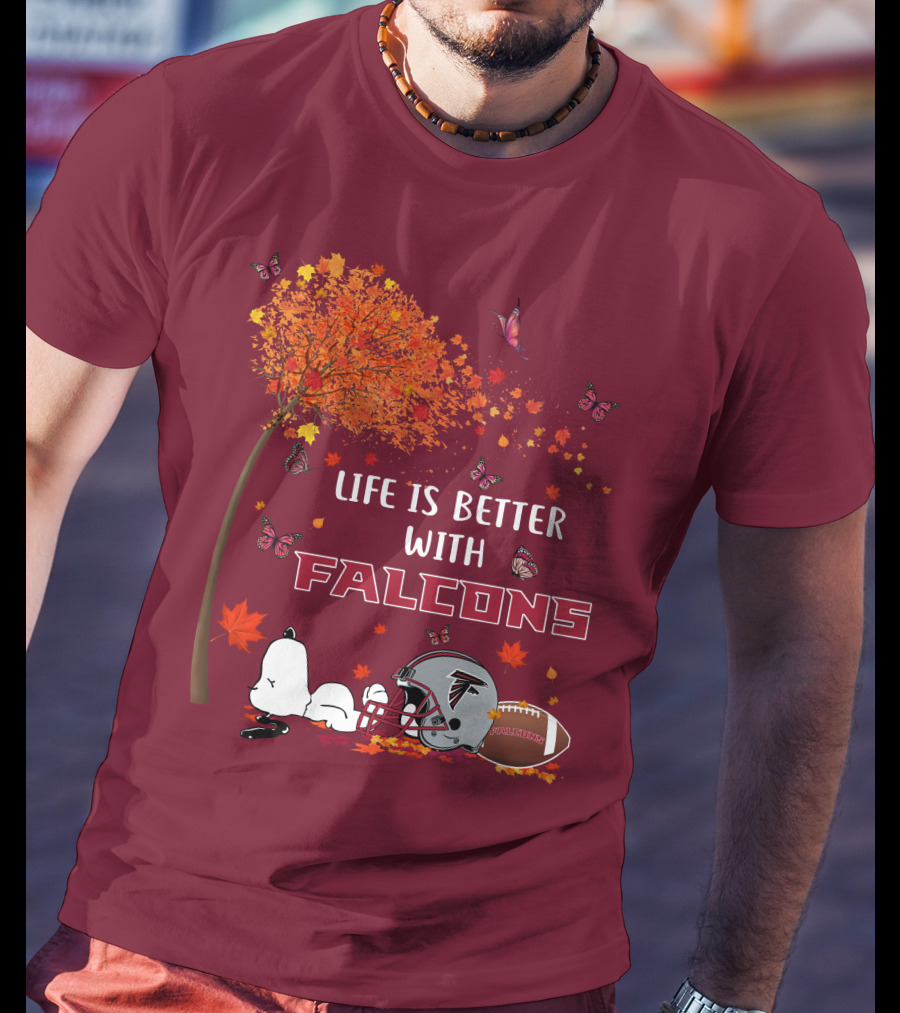 Life Is Better With Falcons Autumn Leaves Helmet Football Snoopy T-Shirt