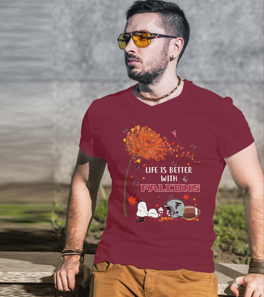Life Is Better With Falcons Autumn Leaves Helmet Football Snoopy T-Shirt