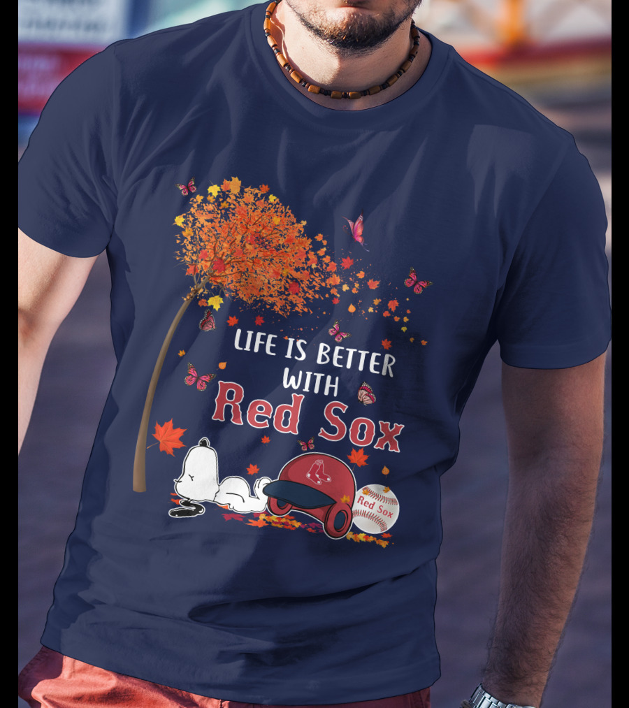 Life Is Better With Red Sox Tree Butterflies Baseball T-Shirt