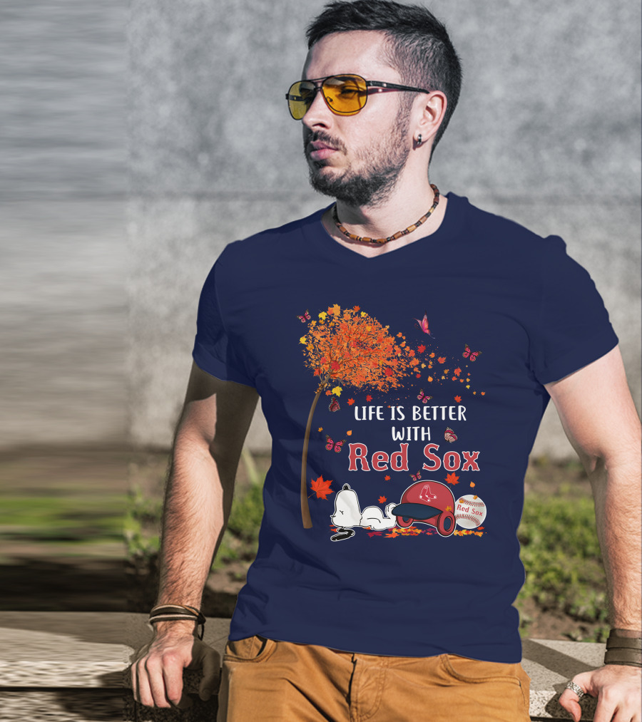 Life Is Better With Red Sox Tree Butterflies Baseball T-Shirt
