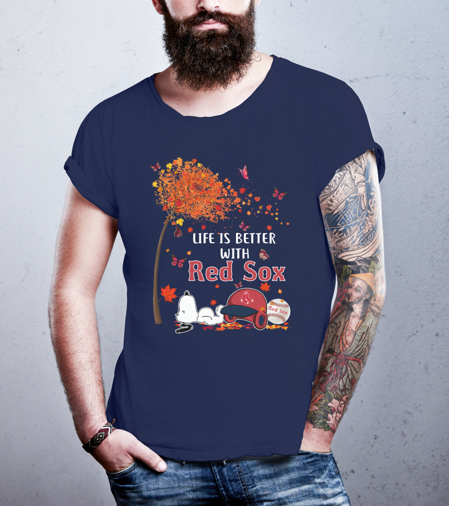 Life Is Better With Red Sox Tree Butterflies Baseball T-Shirt