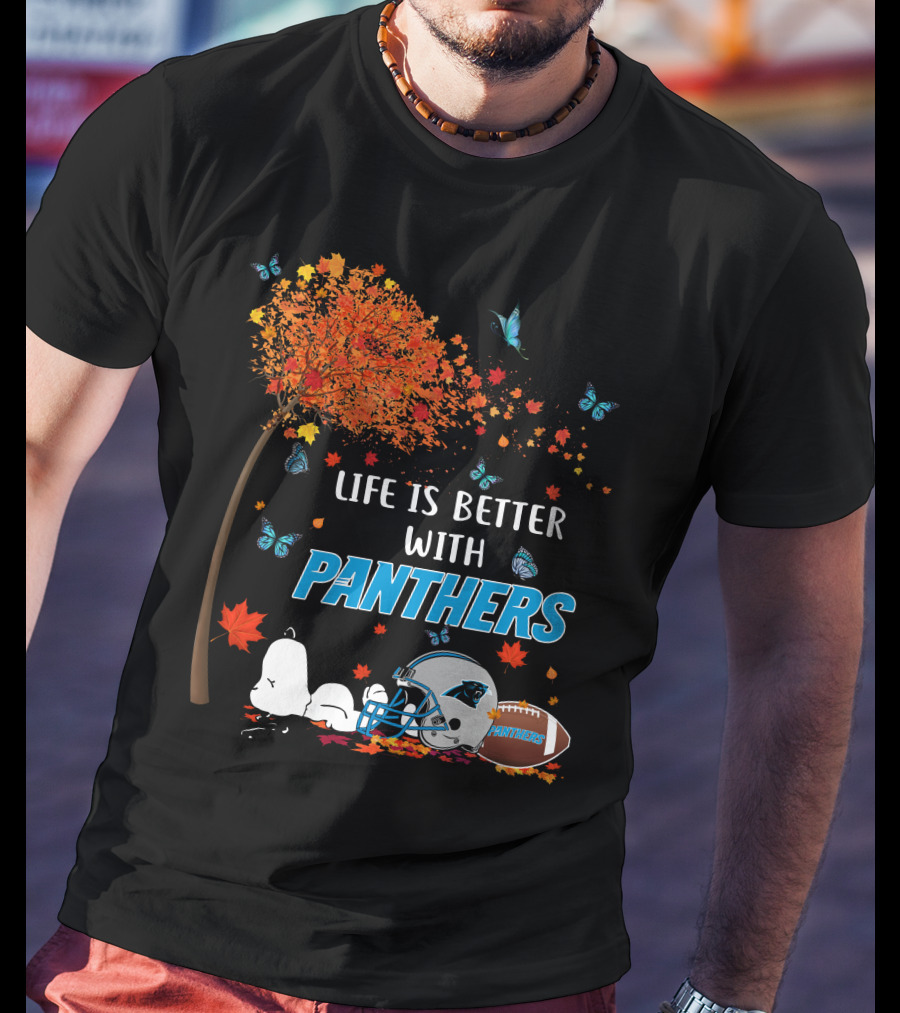 Life Is Better With Panthers Carolina Football Helmet And Autumn Leaves T-Shirt