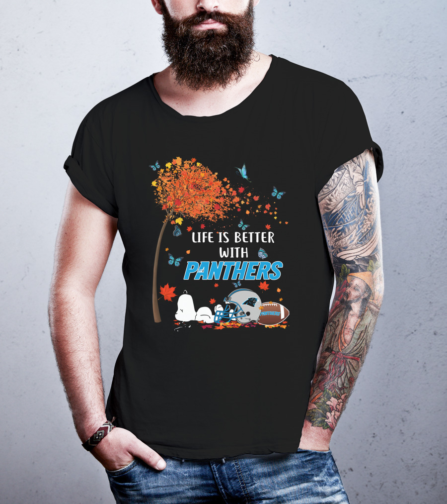 Life Is Better With Panthers Carolina Football Helmet And Autumn Leaves T-Shirt