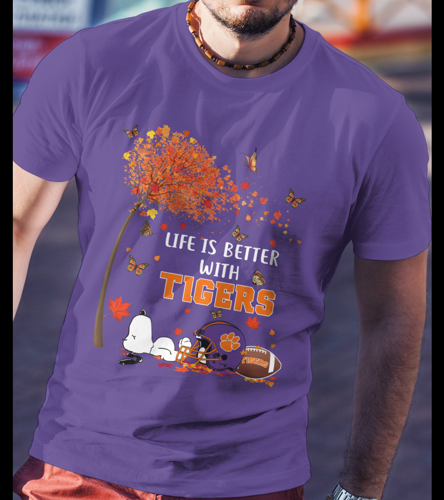 Life Is Better With Tigers Autumn Tree Snoopy Football Helmet Butterflies T-Shirt