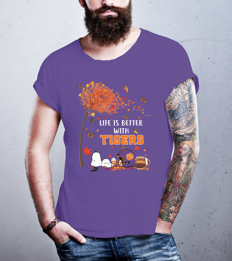Life Is Better With Tigers Autumn Tree Snoopy Football Helmet Butterflies T-Shirt