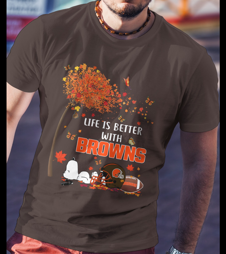 Life Is Better With My Cleveland Browns Football Autumn Scene And Peanuts Character T-Shirt