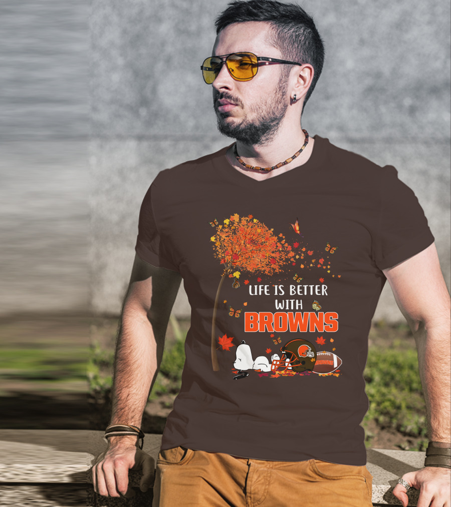Life Is Better With My Cleveland Browns Football Autumn Scene And Peanuts Character T-Shirt