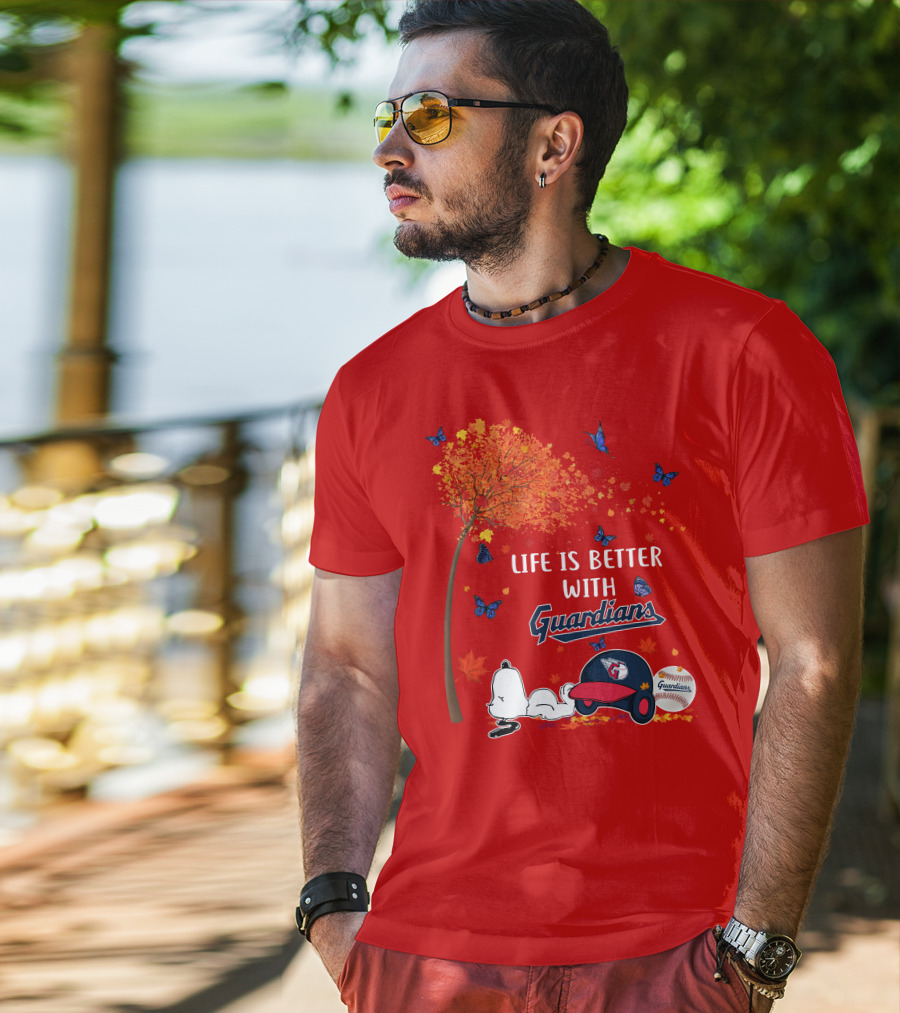 Life Is Better With Guardians Cleveland Guardians Baseball Autumn Tree Snoopy And Butterflies T-Shirt
