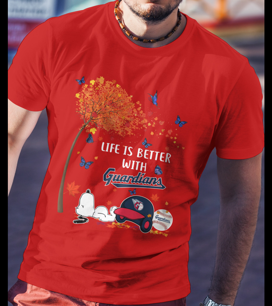 Life Is Better With Guardians Cleveland Guardians Baseball Autumn Tree Snoopy And Butterflies T-Shirt