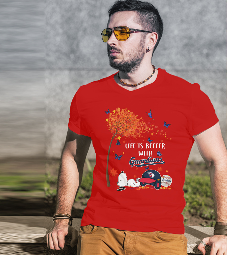Life Is Better With Guardians Cleveland Guardians Baseball Autumn Tree Snoopy And Butterflies T-Shirt