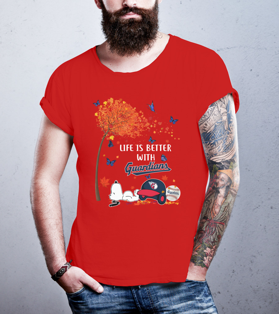 Life Is Better With Guardians Cleveland Guardians Baseball Autumn Tree Snoopy And Butterflies T-Shirt