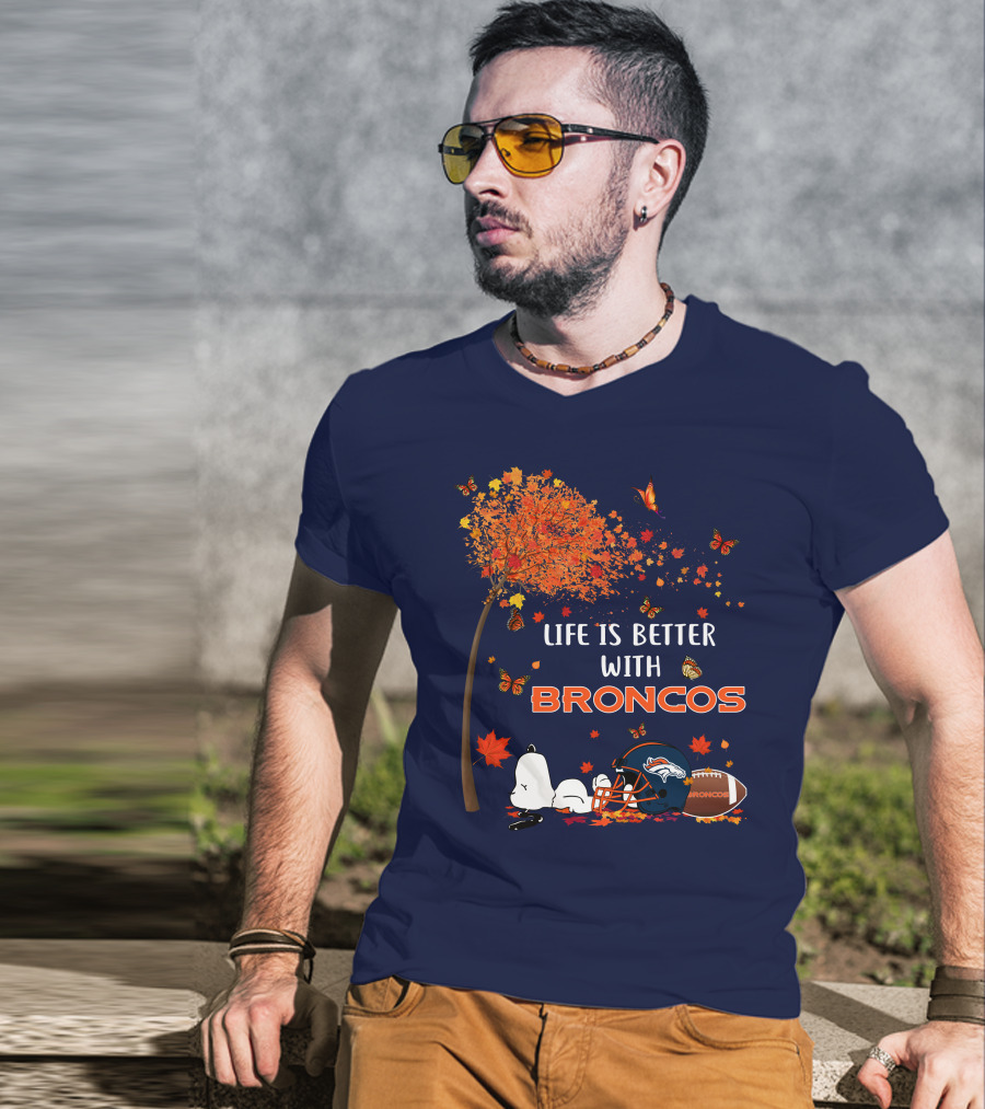 Life Is Better With Broncos Tree Butterflies Helmet Football T-Shirt