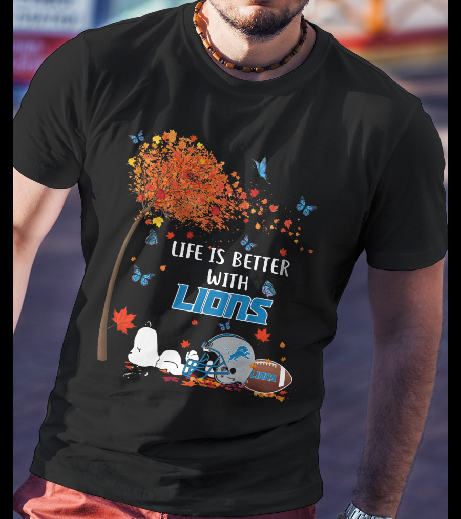 Life Is Better With Detroit Lions Autumn Leaves Football Helmet Snoopy Woodstock T-Shirt