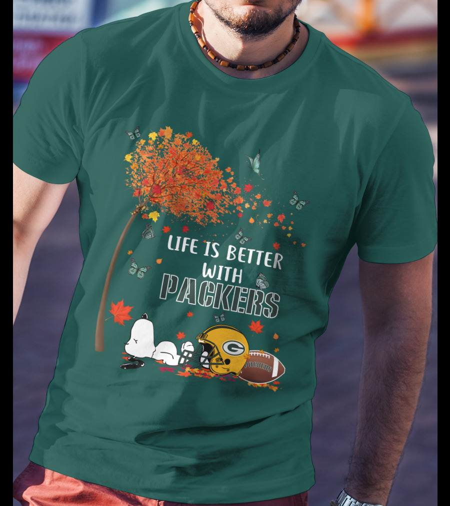 Life Is Better With Packers Green Bay Football Autumn Snoopy Leaves T-Shirt