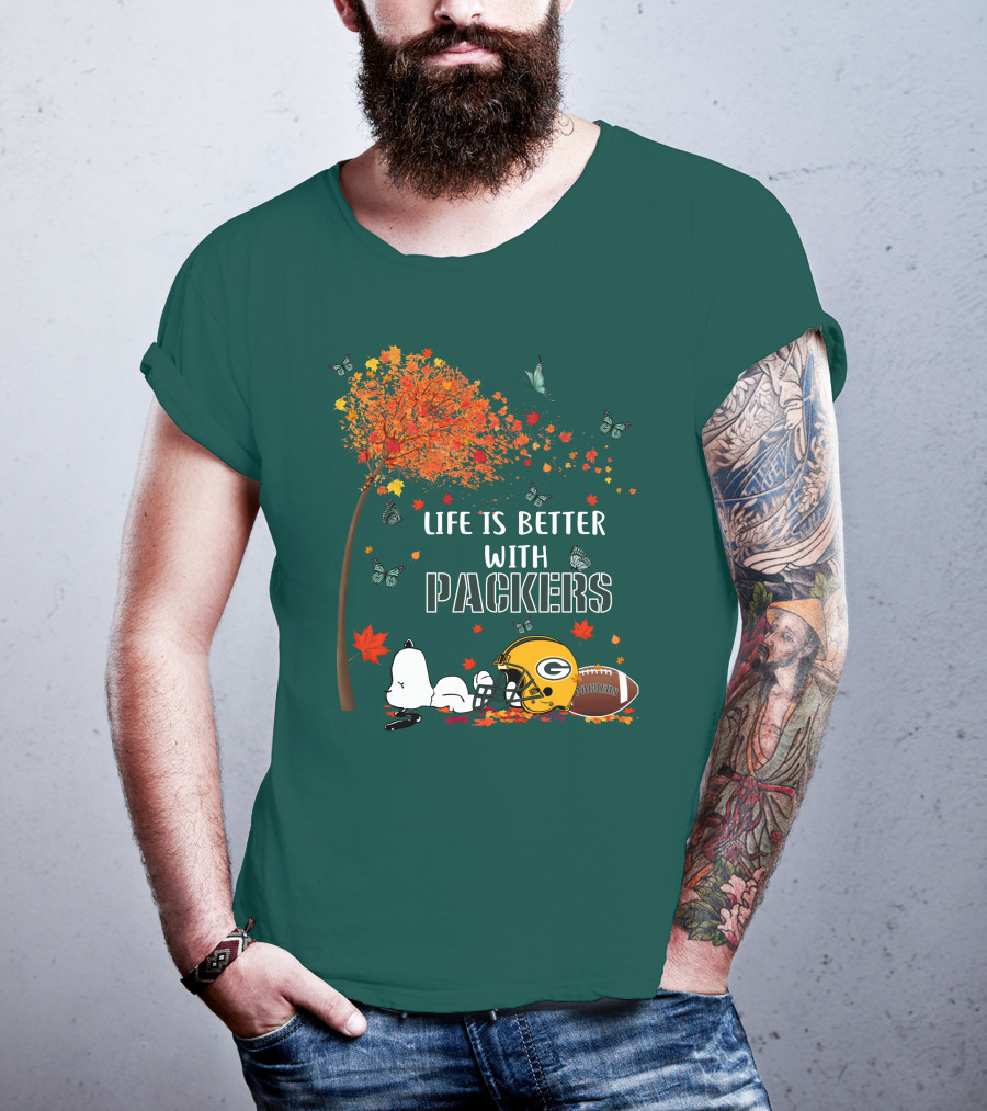 Life Is Better With Packers Green Bay Football Autumn Snoopy Leaves T-Shirt