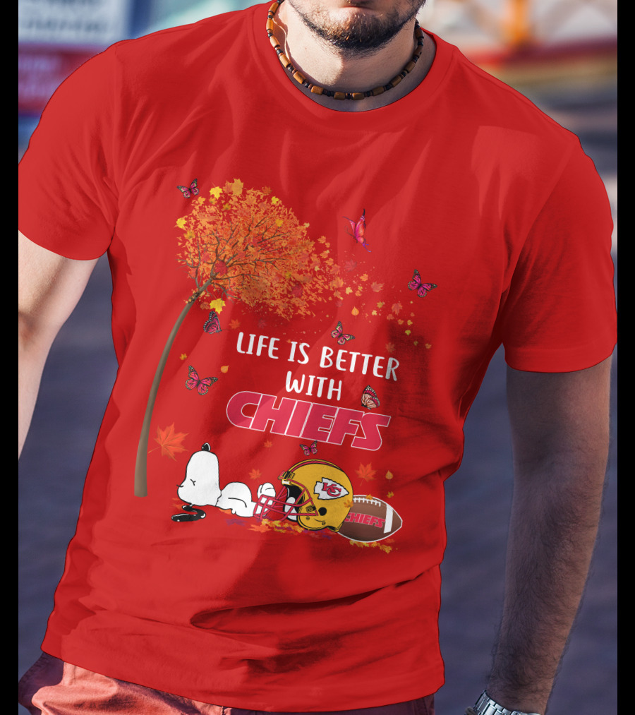 Life Is Better With Chiefs Fall Football Theme Snoopy And Butterflies T-Shirt