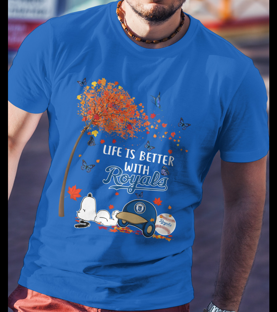 Life Is Better With Royals Baseball Helmet Autumn Leaves Snoopy And Butterfly T-Shirt