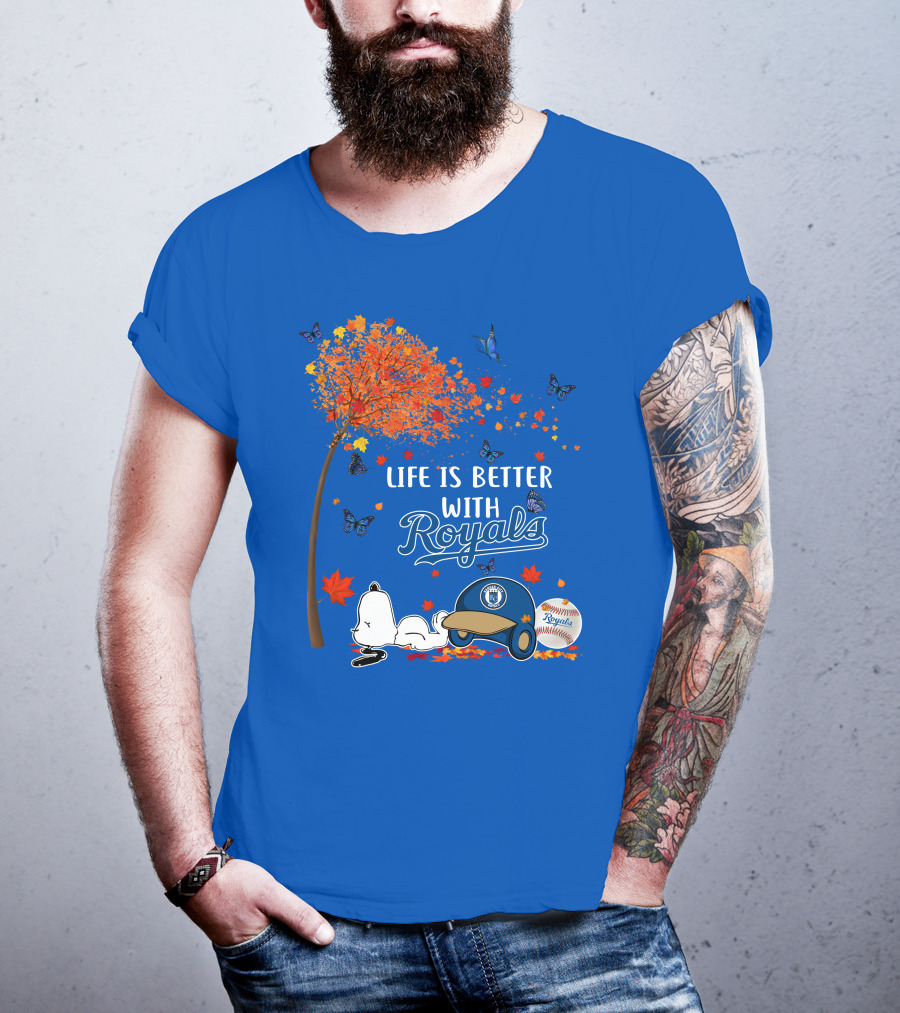 Life Is Better With Royals Baseball Helmet Autumn Leaves Snoopy And Butterfly T-Shirt