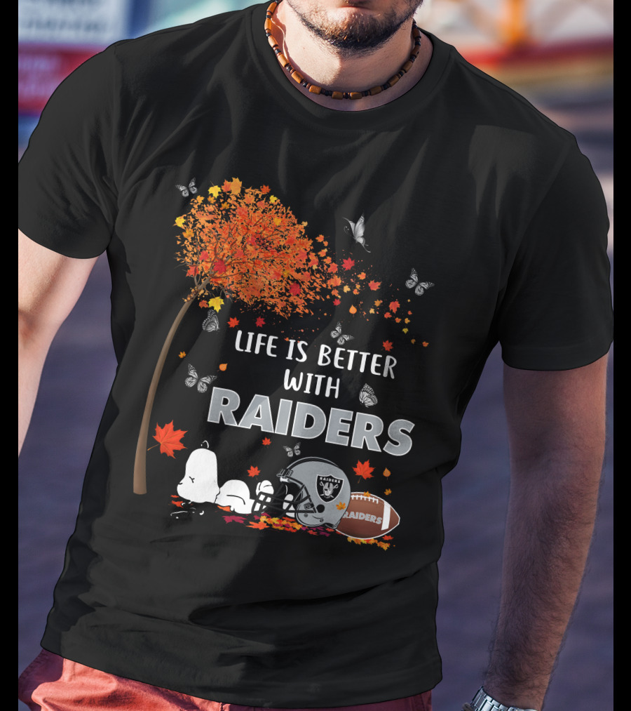 Life Is Better With Raiders Autumn Leaves And Snoopy Under Tree With Butterfly And Football Helmet T-Shirt