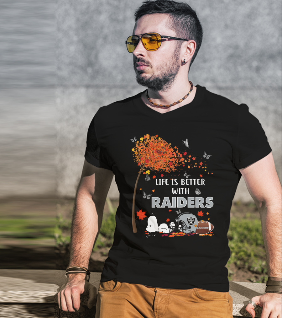 Life Is Better With Raiders Autumn Leaves And Snoopy Under Tree With Butterfly And Football Helmet T-Shirt