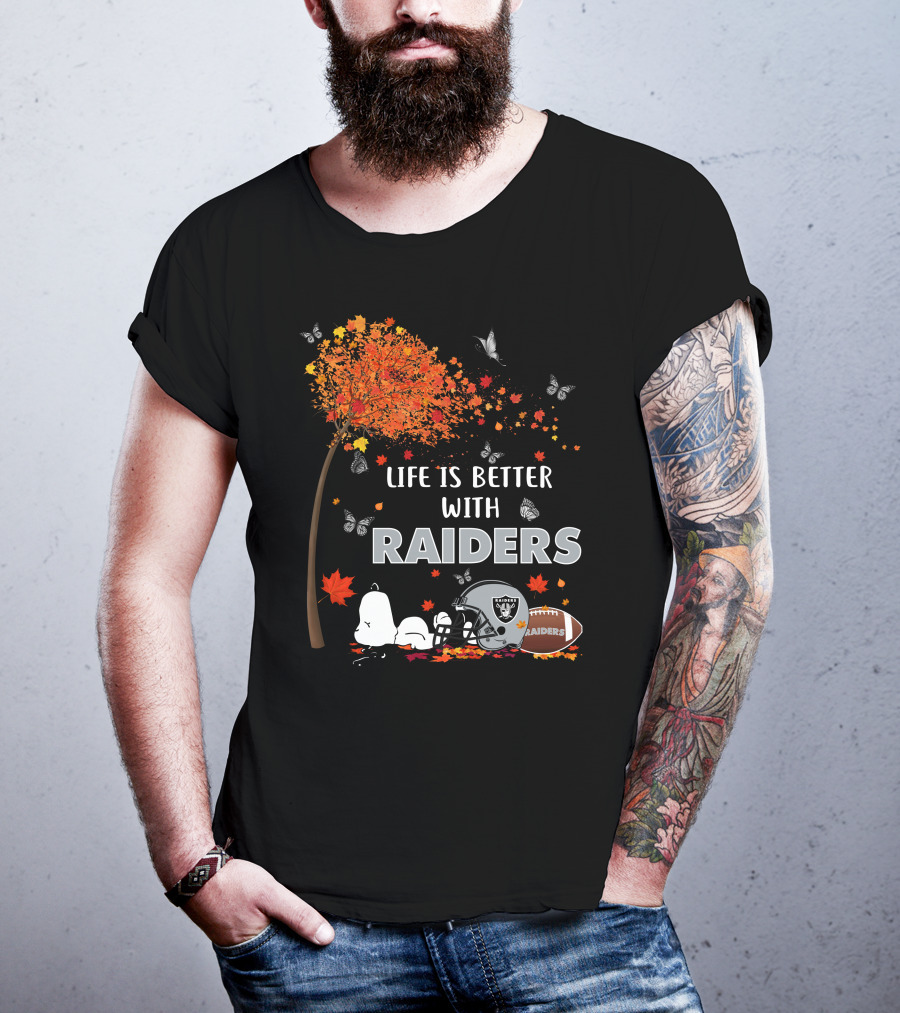 Life Is Better With Raiders Autumn Leaves And Snoopy Under Tree With Butterfly And Football Helmet T-Shirt