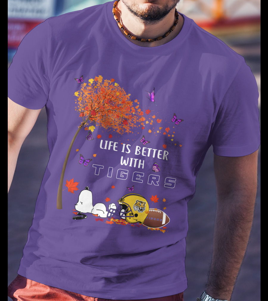Life Is Better With Tigers Football Leaves Butterflies Helmet T-Shirt