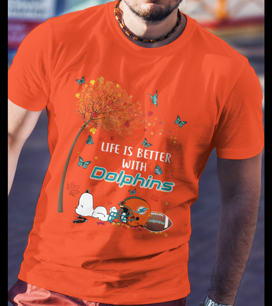 Life Is Better With Dolphins Miami Football Autumn Tree Snoopy Butterflies T-Shirt