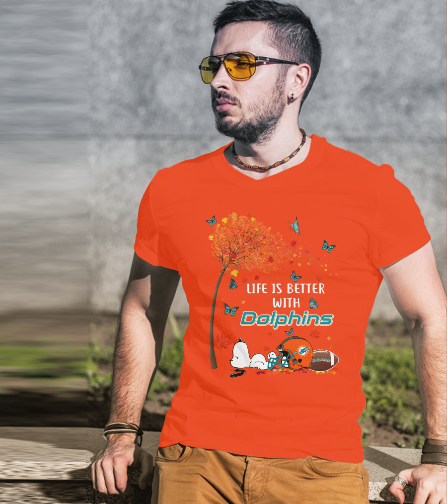 Life Is Better With Dolphins Miami Football Autumn Tree Snoopy Butterflies T-Shirt