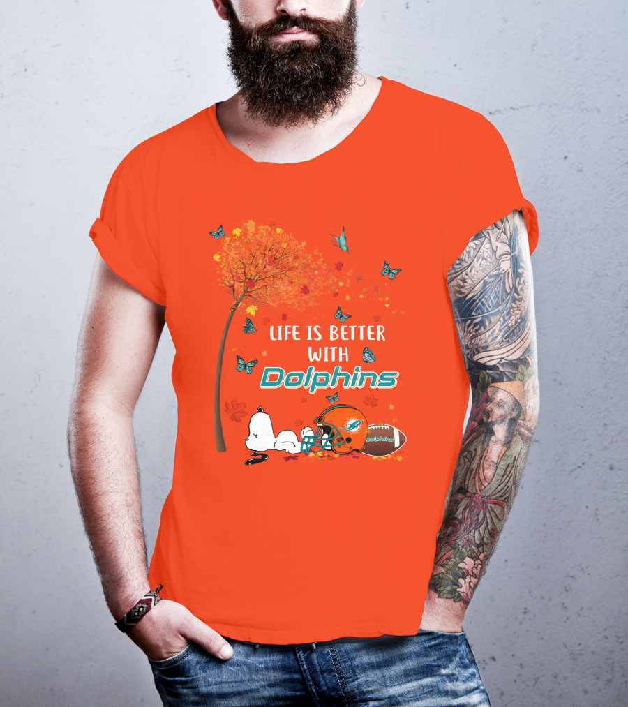Life Is Better With Dolphins Miami Football Autumn Tree Snoopy Butterflies T-Shirt