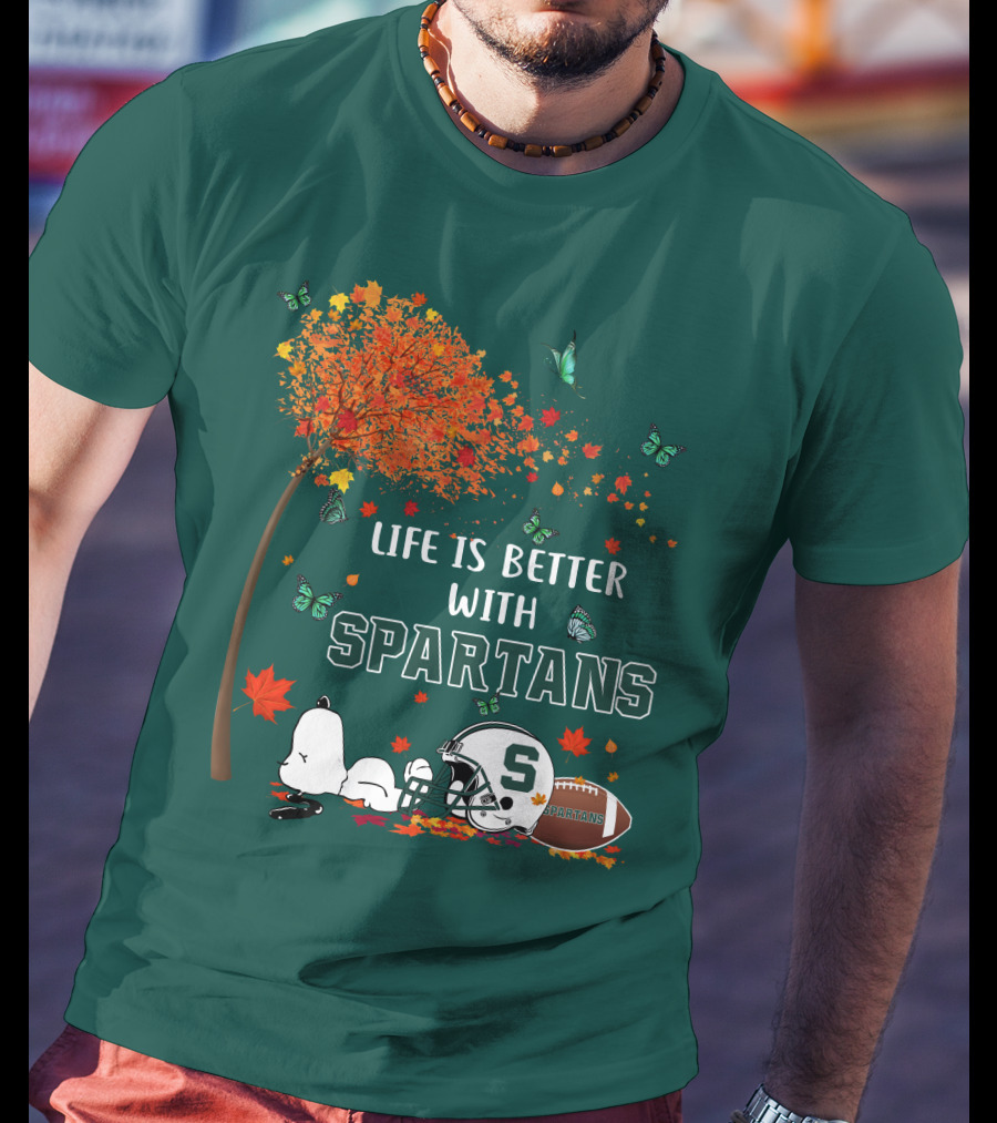 Life Is Better With Spartans Michigan State Football Autumn Leaves Butterflies T-Shirt