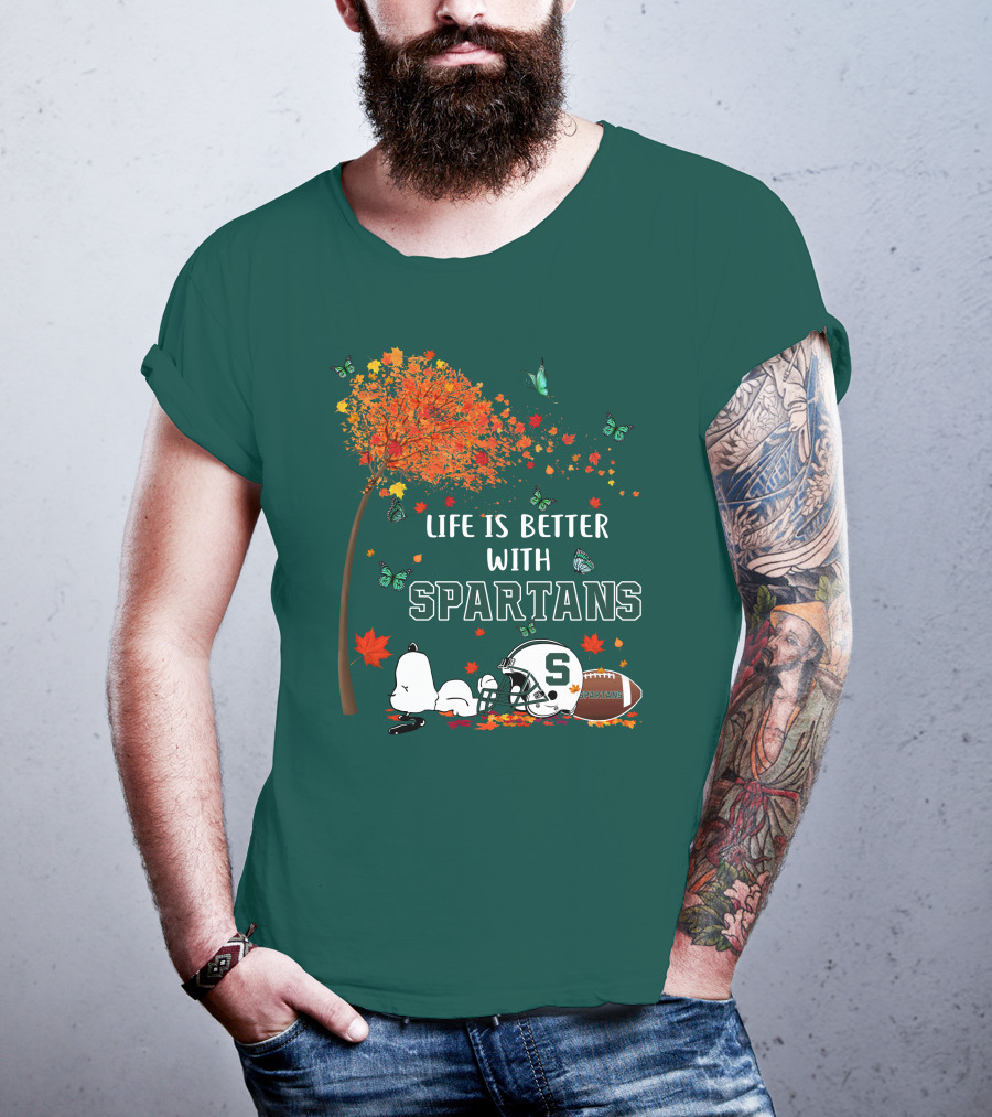Life Is Better With Spartans Michigan State Football Autumn Leaves Butterflies T-Shirt