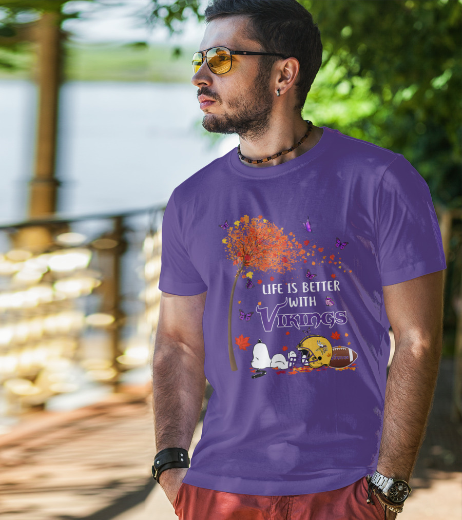 Life Is Better With Vikings Football And Autumn Leaves T-Shirt