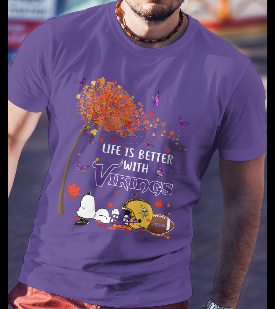 Life Is Better With Vikings Football And Autumn Leaves T-Shirt